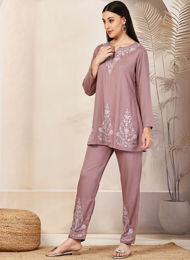 Qazmi Gulnaz Aari Work Viscose Rayon Full Sleeves A-Line CoOrd Set - Image 3